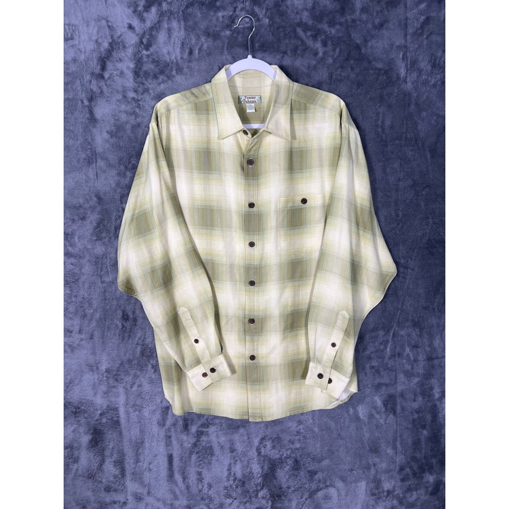 Tommy Bahama Mens Medium 100% Silk Plaid Long Sleeve Button Down Shirt Green